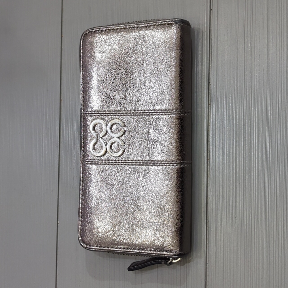 Coach Classic Metallic Silver and Purple Interior Leather Long Zip Wallet